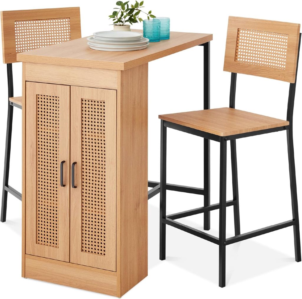 Best Choice Products 3-Piece Rattan Dining Set, Counter Height Boho Dining Table for Kitchen for 2, Dining Room w/Adjustable Storage Shelves, Cabinet Doors, Metal Frames