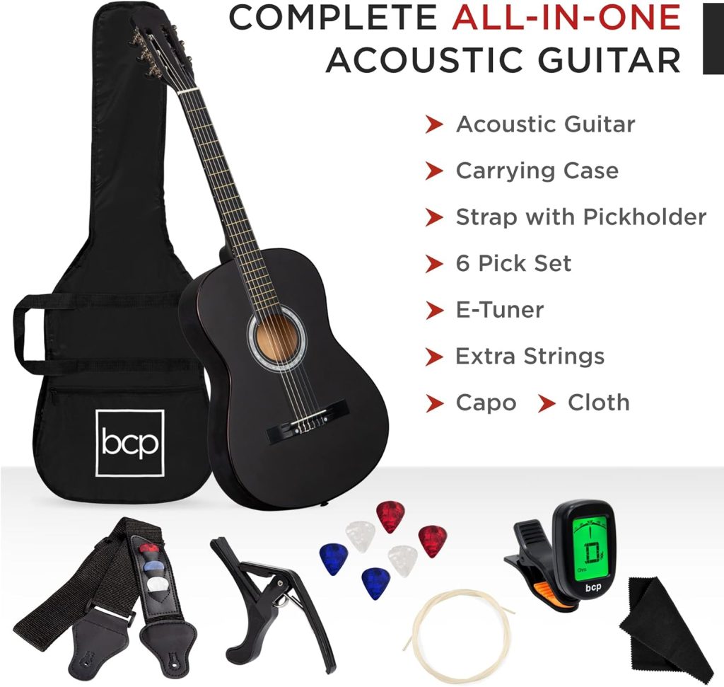 Best Choice Products 38in Beginner All Wood Acoustic Guitar Starter Kit w/Gig Bag, Digital Tuner, 6 Celluloid Picks, Nylon Strings, Capo, Cloth, Strap w/Pick Holder - Pink