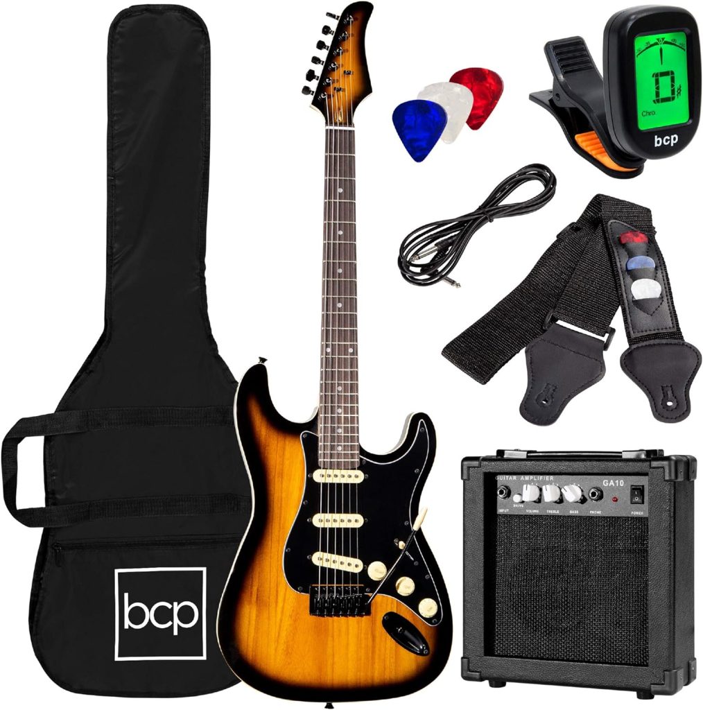 Best Choice Products 39in Full Size Beginner Electric Guitar Starter Kit w/Case, Strap, 10W Amp, Strings, Pick, Tremolo Bar - Sunburst