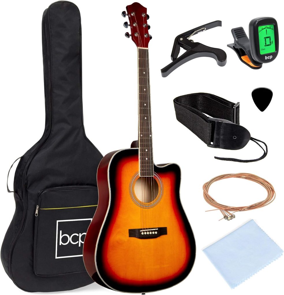 Best Choice Products 41in Beginner Acoustic Guitar Full Size All Wood Cutaway Guitar Starter Set Bundle with Case, Strap, Capo, Strings, Picks, Tuner - Brown