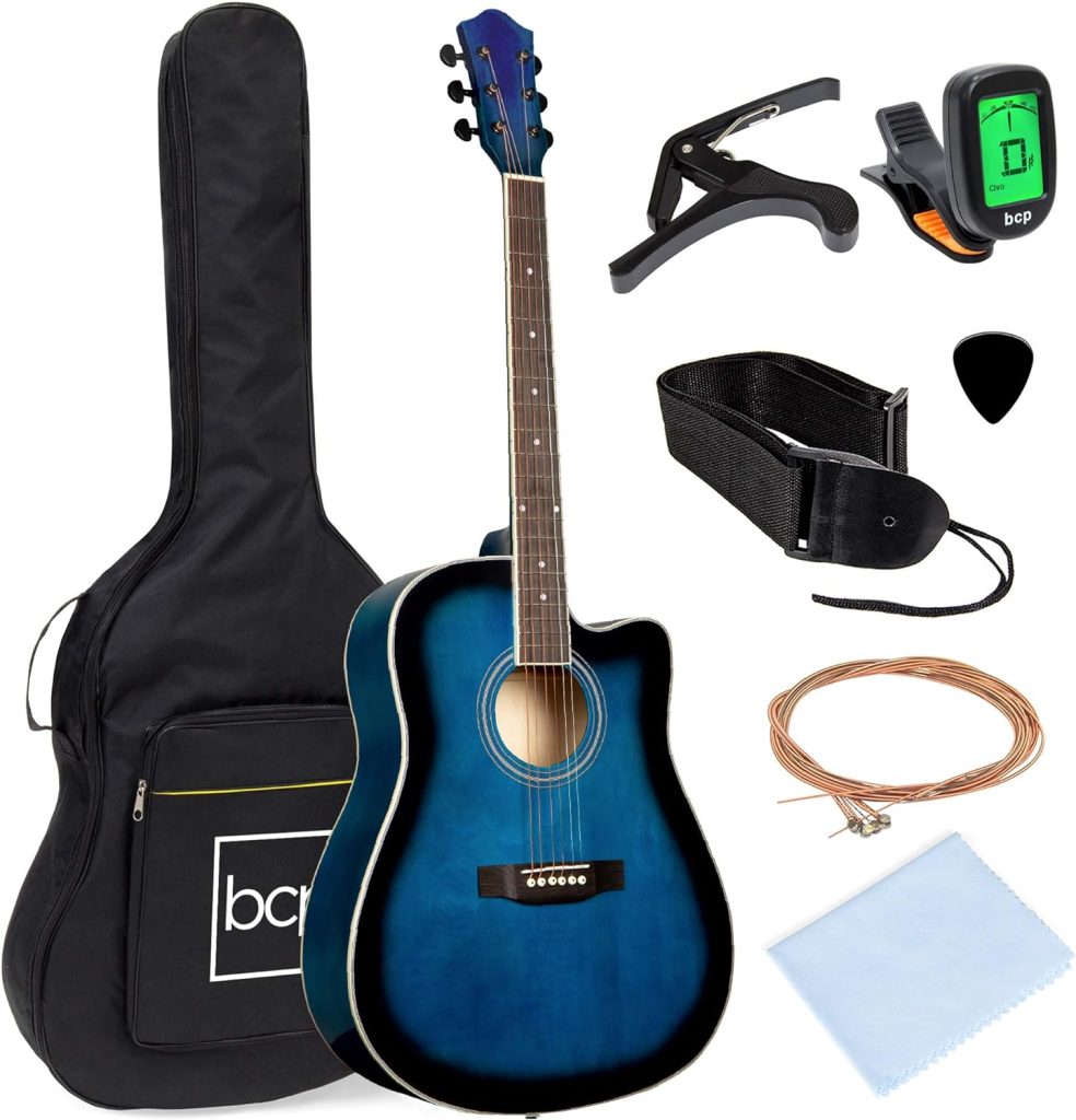Best Choice Products 41in Beginner Acoustic Guitar Full Size All Wood Cutaway Guitar Starter Set Bundle with Case, Strap, Capo, Strings, Picks, Tuner - Blue