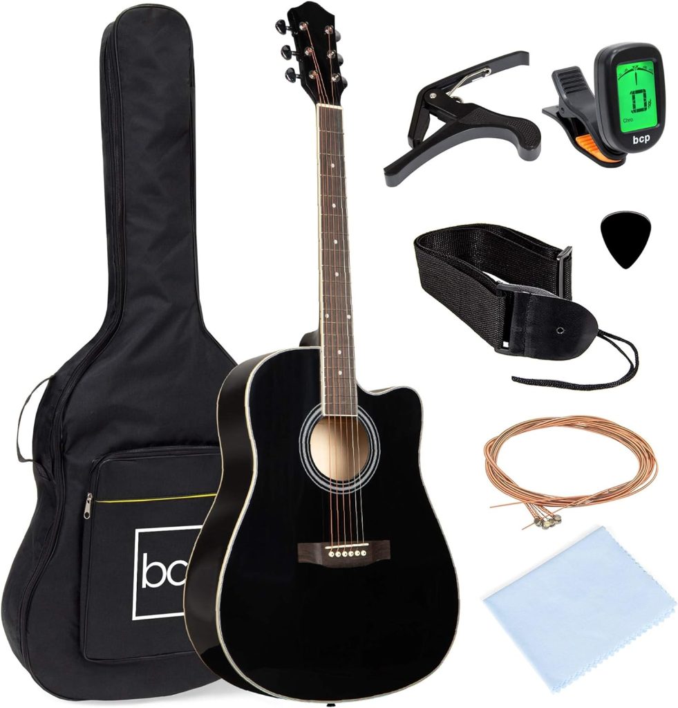 Best Choice Products 41in Beginner Acoustic Guitar Full Size All Wood Cutaway Guitar Starter Set Bundle with Case, Strap, Capo, Strings, Picks, Tuner - Black
