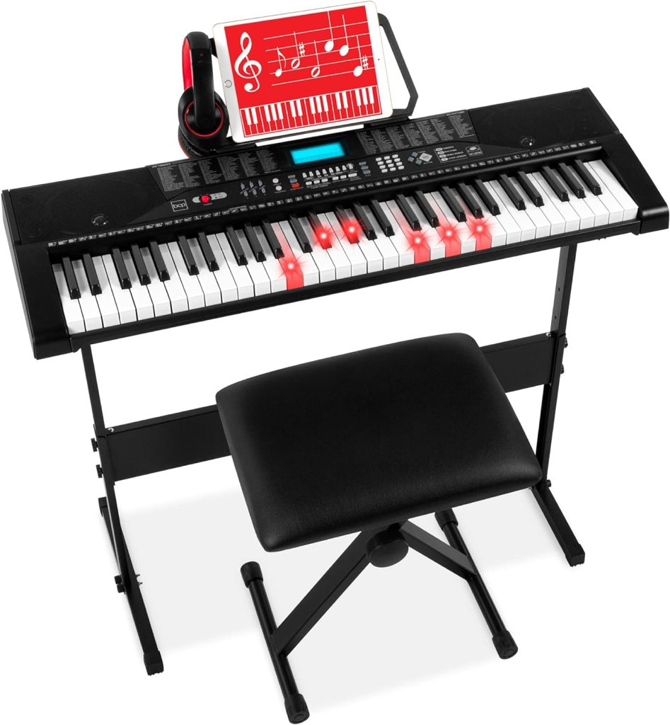 Best Choice Products 61-Key Beginners Complete Electronic Keyboard Piano Set w/Lighted Keys, LCD Screen, Headphones, Stand, Bench, Teaching Modes, Note Stickers, Built-In Speakers
