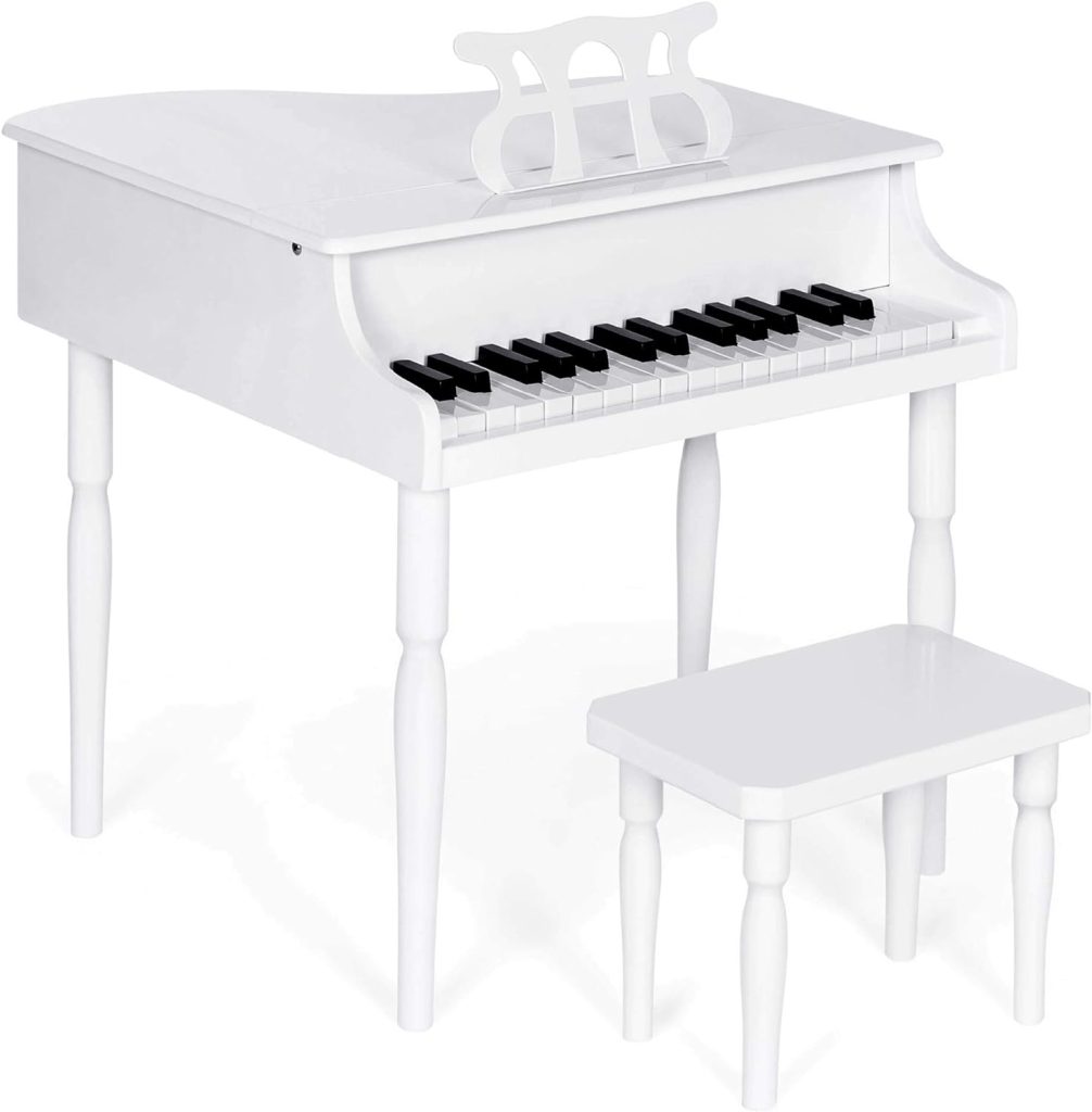 Best Choice Products Kids Classic Wooden 30-Key Mini Grand Piano Musical Instrument Toy w/Piano Lid, Bench, Foldable Music Rack, Song Book, Note Stickers, Enamel Finish - White