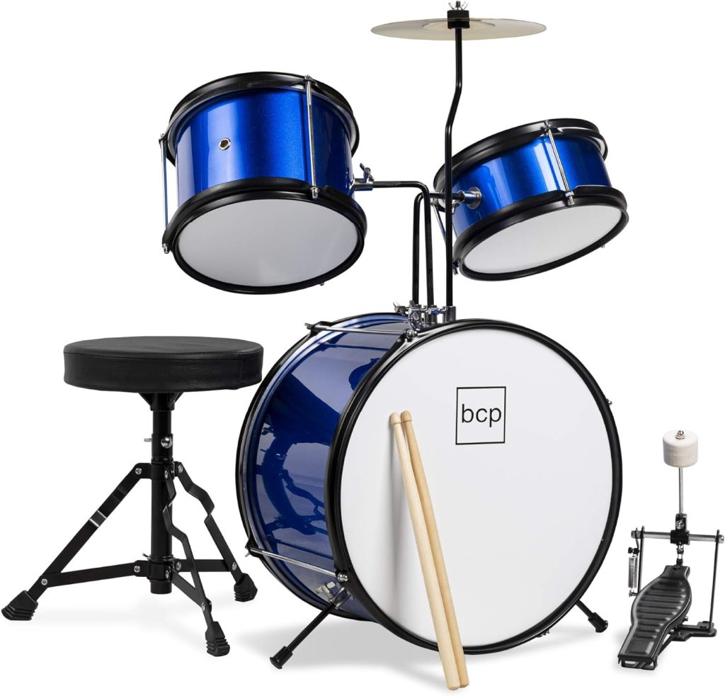 Best Choice Products Kids Drum Set 3-Piece Beginner Drum Set Junior Drum Set, w/ Throne Stool, Cymbal, Drum Sticks, Bass Drum Pedal, 2 Toms - Blue