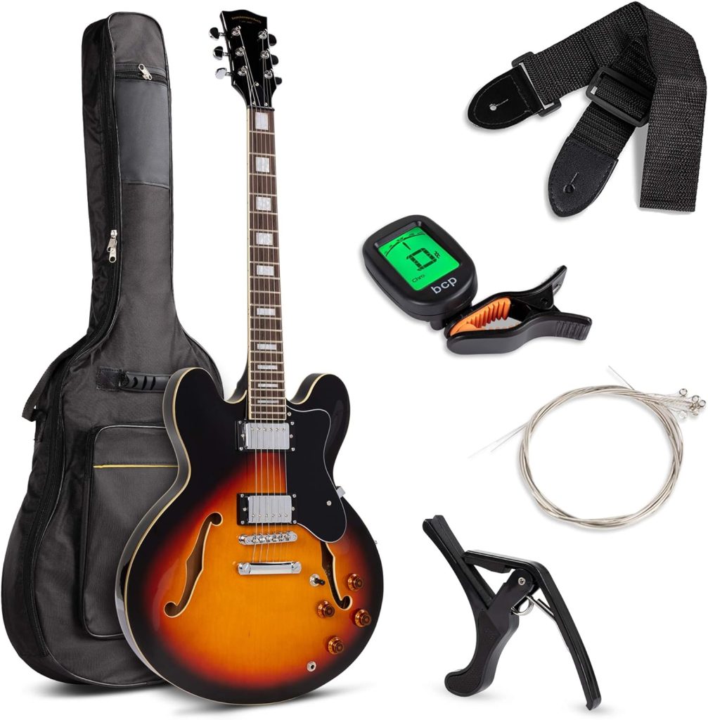 Best Choice Products Semi-Hollow Body Electric Guitar Set w/Dual Humbucker Pickups, 3-Way Pickup Selector, Case, Electronic Tuner, Capo, Strap, Picks, Cutaway Design - Sunburst