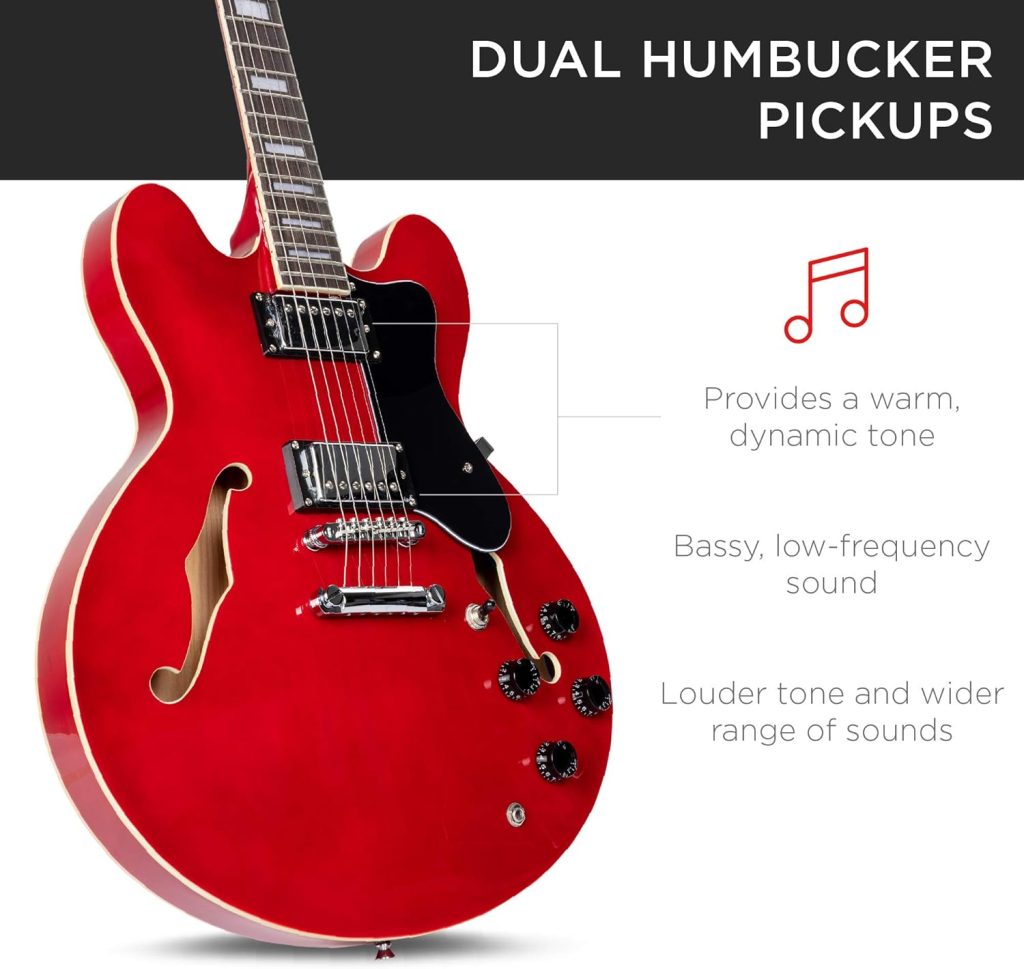 Best Choice Products Semi-Hollow Body Electric Guitar Set w/Dual Humbucker Pickups, 3-Way Pickup Selector, Case, Electronic Tuner, Capo, Strap, Picks, Cutaway Design - Red