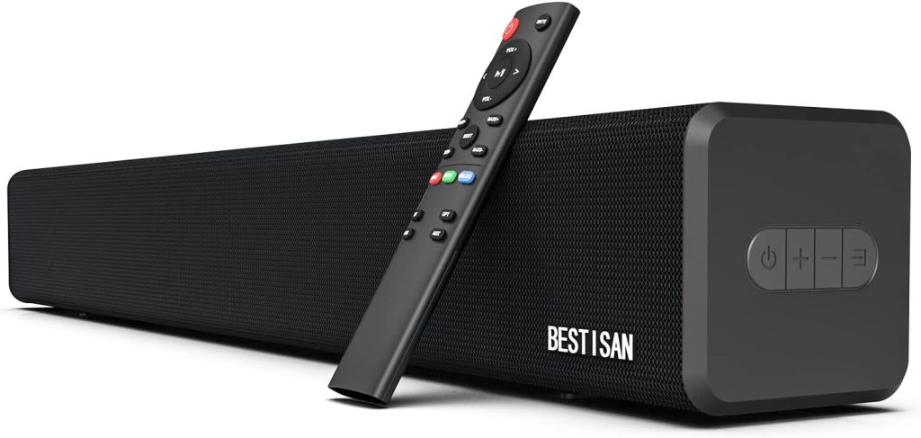 Bestisan 2.1 Channel 100Watt Sound bar, Soundbar with Built in Subwoofer Bluetooth 5.1 Surround Sound Systems (32Inches, DSP, HDMI-ARC, Remote Control, Bass Adjustable)