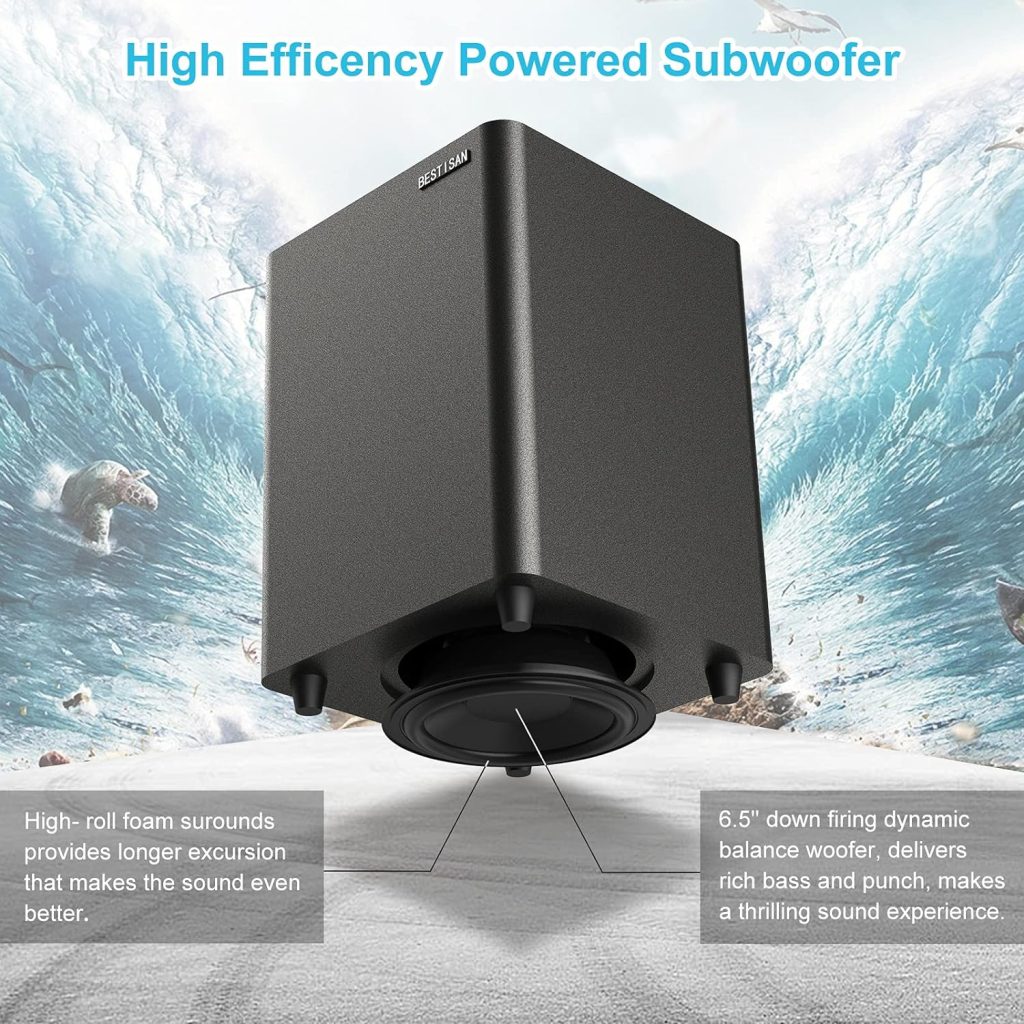 BESTISAN Powered Subwoofer, Deep Bass Subwoofer, Down Firing Sub in Compact Size, Easy Setup with Home Theater System, TV, Receiver, Speakers (RCA Cable Included, Black),SW65C