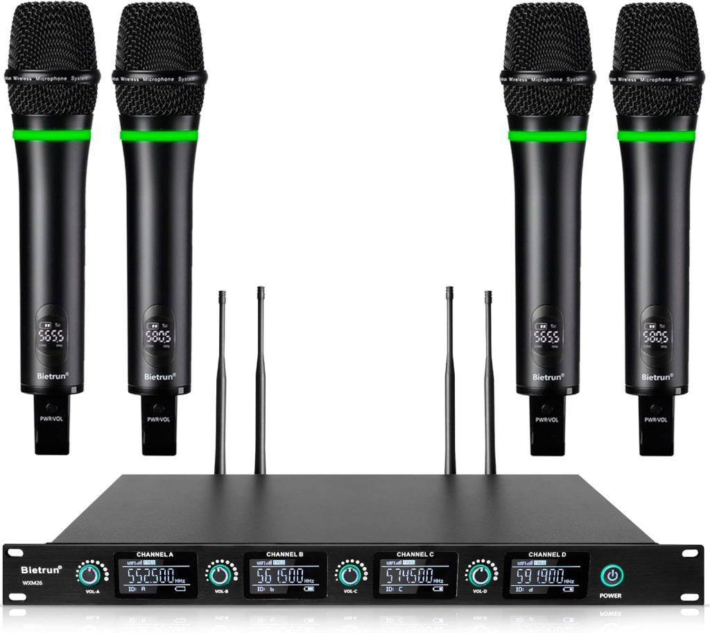 Bietrun 4 Wireless Microphones System Rechargeable with 4 Handheld Mics, 295FT UHF Range, Professional Metal Cordless Dynamic Vocals Mics for Adults Home Karaoke Party,Singing,Church,(Auto Connect)