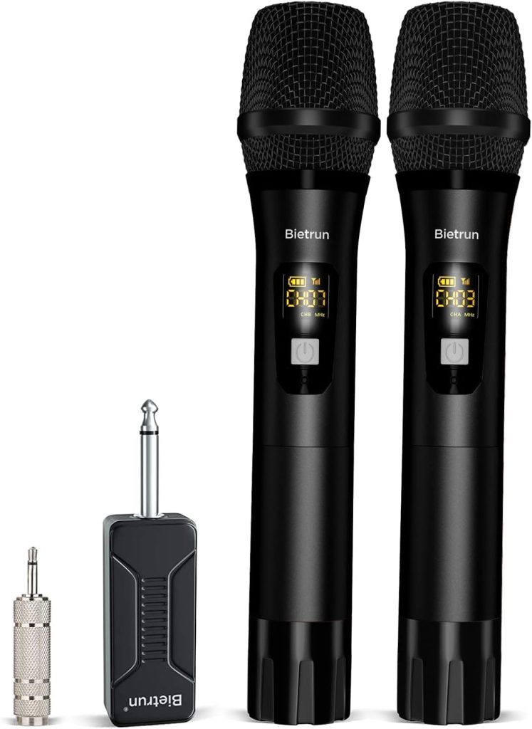 Bietrun Multipurpose Dynamic Microphones, 160 ft Range, UHF Metal Dual Handheld Dynamic Mic Karaoke System with Rechargeable Receiver, 1/4‘’＆1/8‘’Output, for Amplifier, PA System, Party