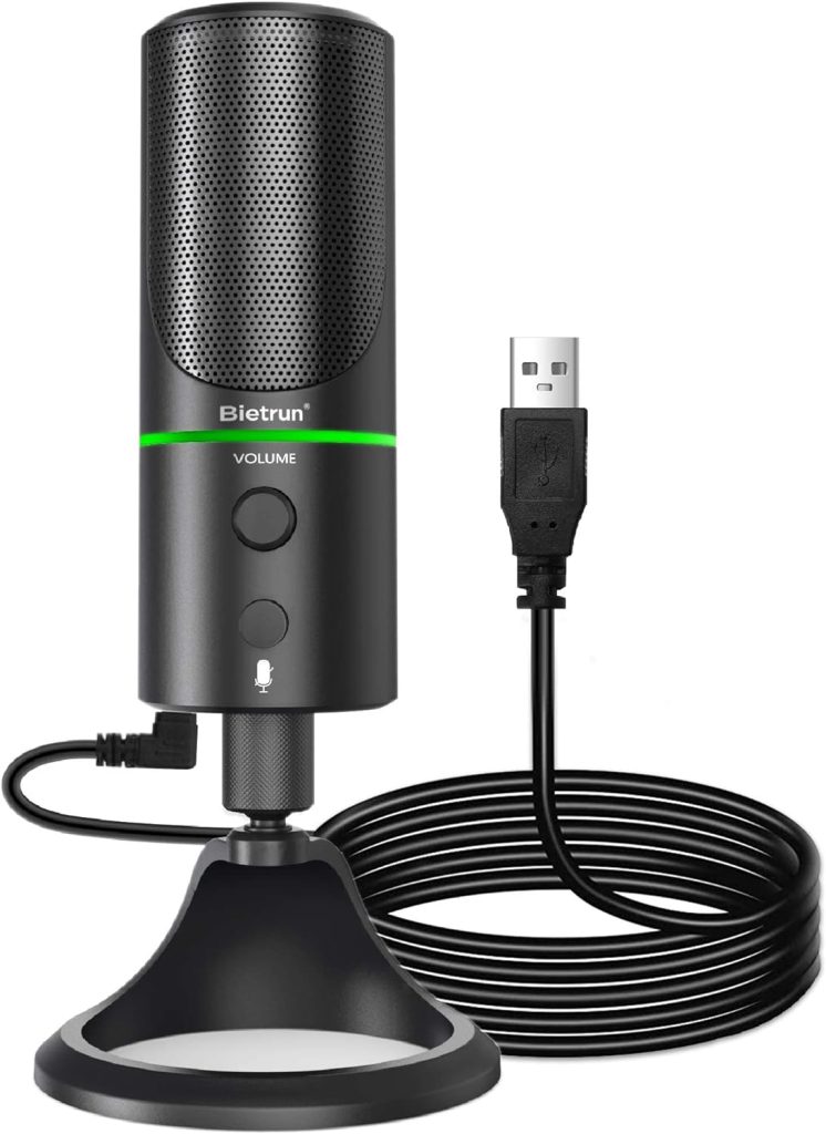 Bietrun USB Microphone for Computer with Noise Cancelling/Mute Button/Headphone Jack/LED Ring/Metal Stand for Streaming, Zoom Conference, Recording, Gaming, for Mac Windows Desktop PC Laptop-PlugPlay