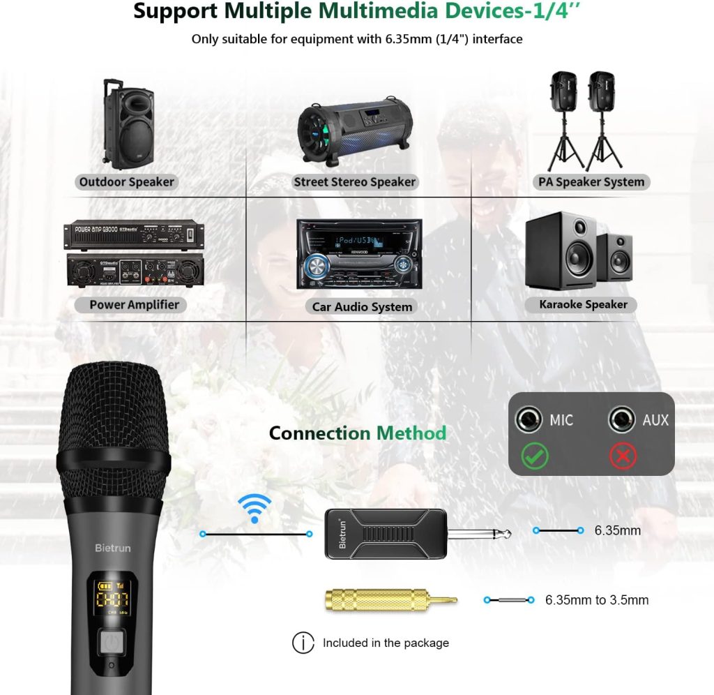 Bietrun Wireless Microphone Rechargeable, 168FT Range Bluetooth Microphone Wireless (Work 7 hrs) with 1/4 Output, UHF Metal Handheld Dynamic Mic for Karaoke Machine/PA System/Speaker/Church/Wedding