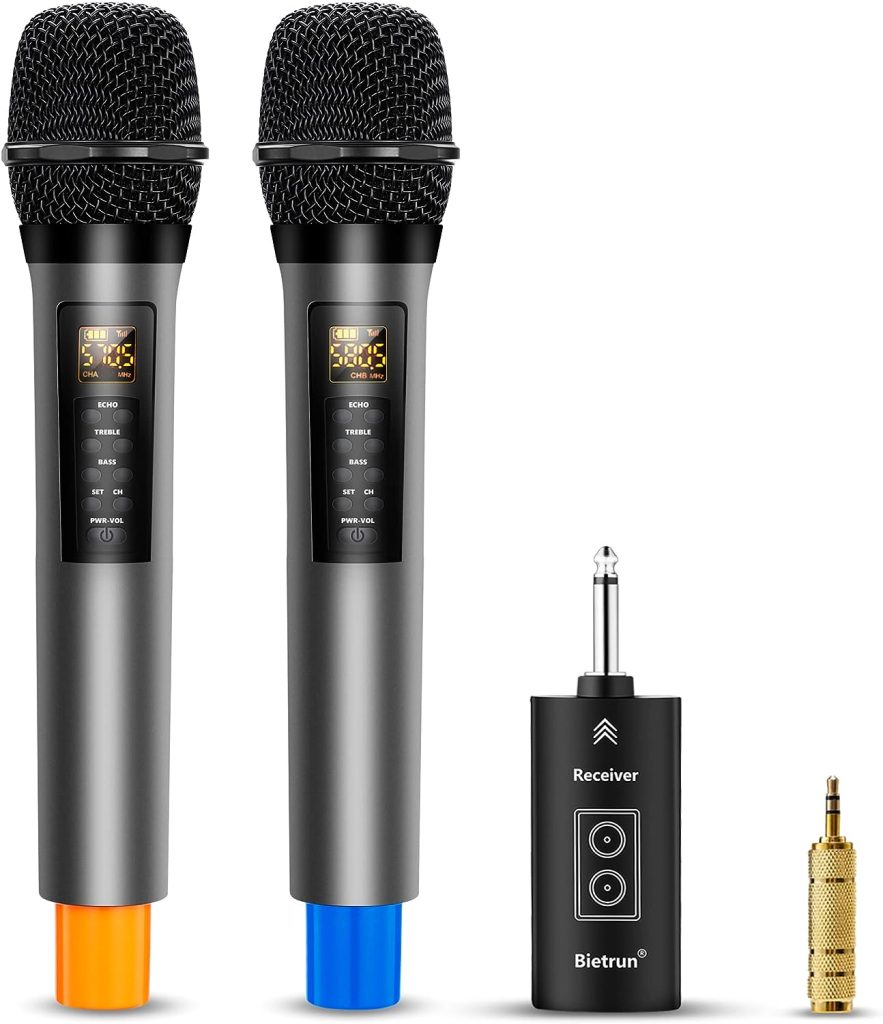 Bietrun Wireless Microphones with Echo,Treble,Bass  Bluetooth,98 FT Range,Portable UHF Handheld Karaoke Dynamic Microphone System with Rechargeable Receiver for Karaoke,Singing,Amp,PA System,DJ,Stage
