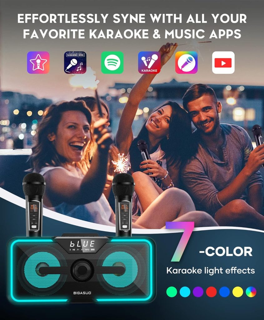 BIGASUO Karaoke Machine for Adults Kids with 2 UHF Wireless Microphones, Portable Bluetooth Singing PA Speaker System with LED Lights for Home Party, Wedding, Church, Picnic, Outdoor/Indoor