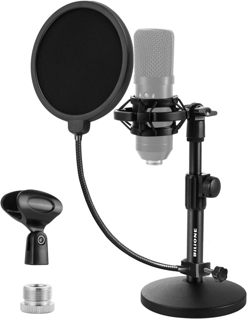 BILIONE Upgraded Desktop Microphone Stand, Adjustable Mic Stand Desk with Pop Filter, Shock Mount, Microphone Clip, 5/8 to 3/8 Metal Screw Adapter