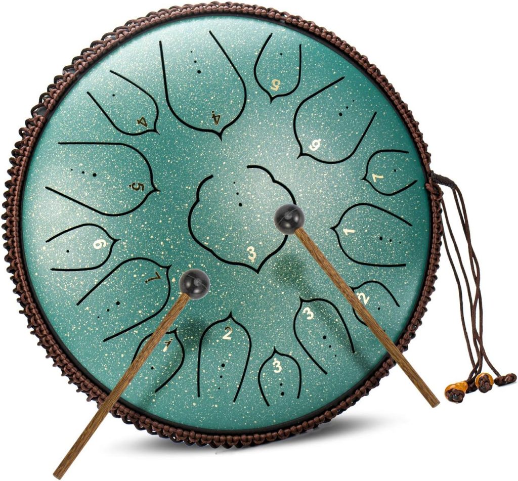 Black 15 Notes 14 Inches Steel Tongue Drum Healing Drum Wide Range Steel Drum with Carrying Bag  Mallets Edge Strings Color is Random