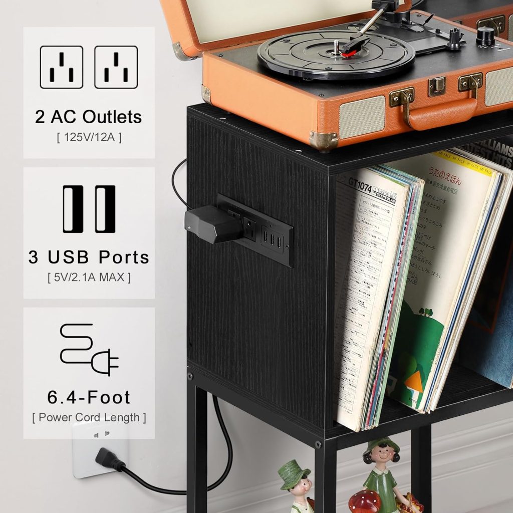 Black Record Player Stand with Vinyl Storage Vinyl Player Stand 3 Tier Turntable Stand with Record Storage Small Record Player Table with Album Storage Charging End Side Table for Living Room Bedroom