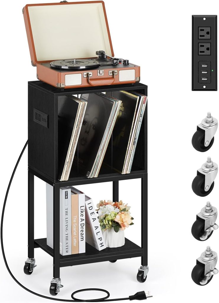 Black Record Player Stand with Vinyl Storage Vinyl Player Stand 3 Tier Turntable Stand with Record Storage Small Record Player Table with Album Storage Charging End Side Table for Living Room Bedroom