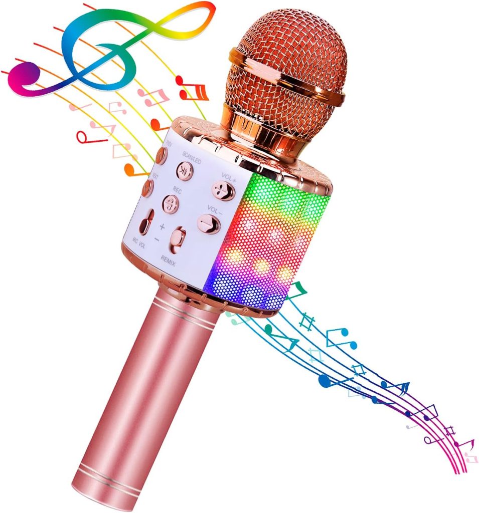 BlueFire Wireless 4 in 1 Bluetooth Karaoke Microphone with LED Lights, Portable Microphone for Kids, Best Gifts Toys for Kids, Girls, Boys and Adults (Pink)