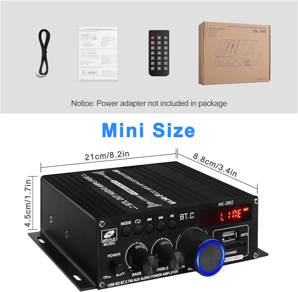 Bluetooth 5.0 Audio Power Amplifier AK-380 400W+400W 2.0 CH HiFi Stereo Amp Receiver with USB,SD,AUX,Remote Control,FM Antenna for Car Home Speaker Bar Party-(Without Power Adapter)