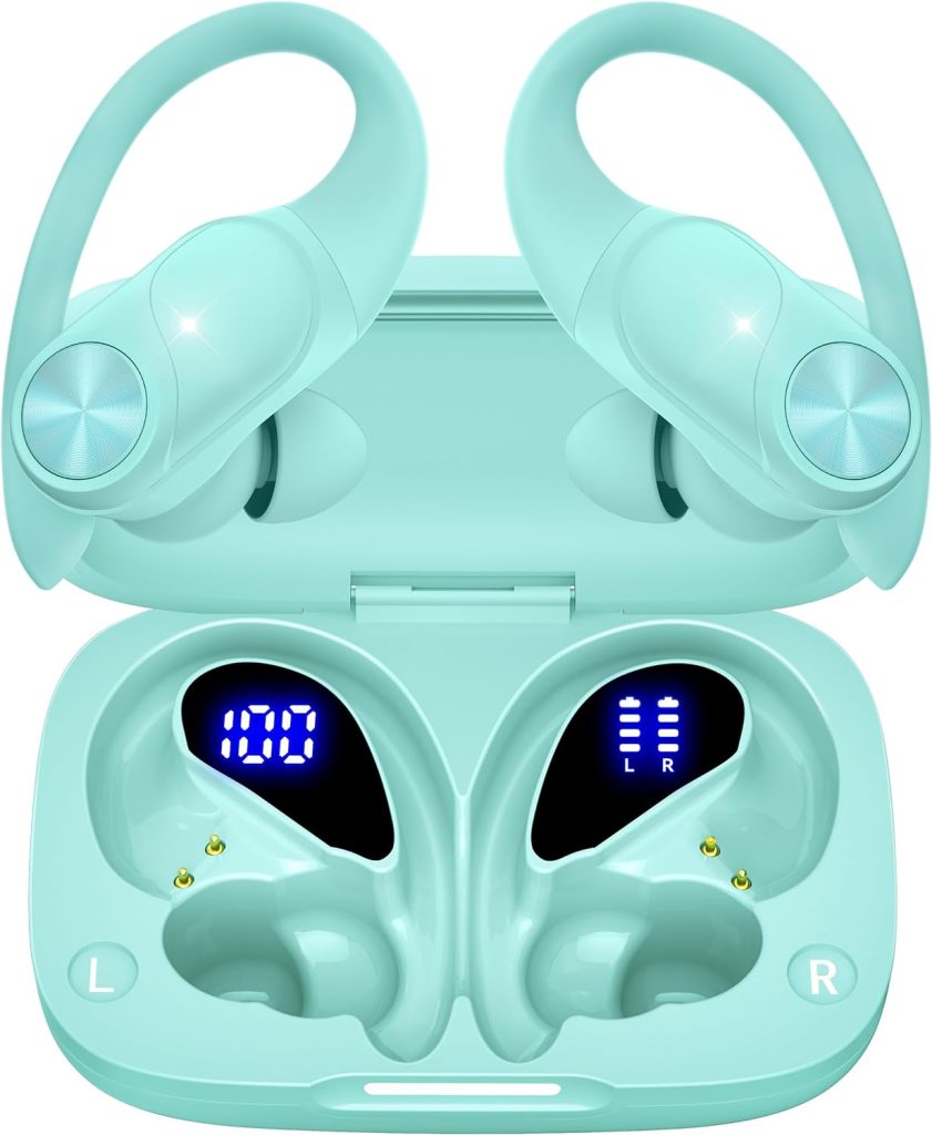 Bluetooth Headphones Wireless Earbuds 80hrs Playtime Wireless Charging Case Digital Display Sport Ear buds with Earhook Premium Deep Bass IPX7 Waterproof Over-Ear Earphones for Phone Laptop Mint Green