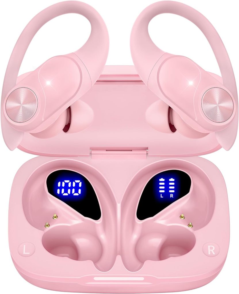 Bluetooth Headphones Wireless Earbuds 80hrs Playtime Wireless Charging Case Digital Display Sports Ear buds with Earhook Premium Deep Bass IPX7 Waterproof Over-Ear Earphones for TV Phone Laptop Pink