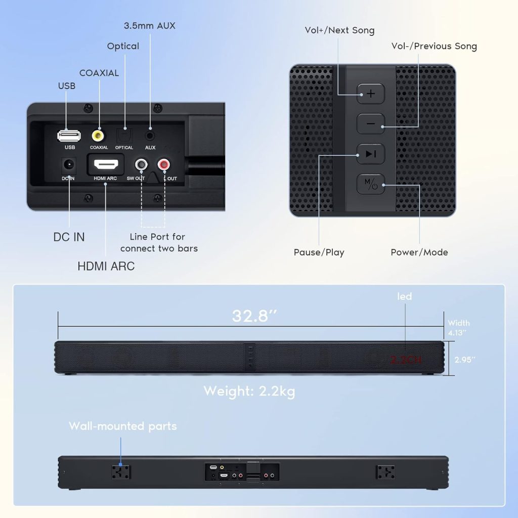 Bluetooth Sound Bars for TV with Dual Subwoofer, 2023 Upgrade 2.2CH Home Theater Audio Surround Sound Speaker System, HDMI/Optical/Aux/USB Connection, 2 in 1 Detachable  Wall Mountable 32 Inch