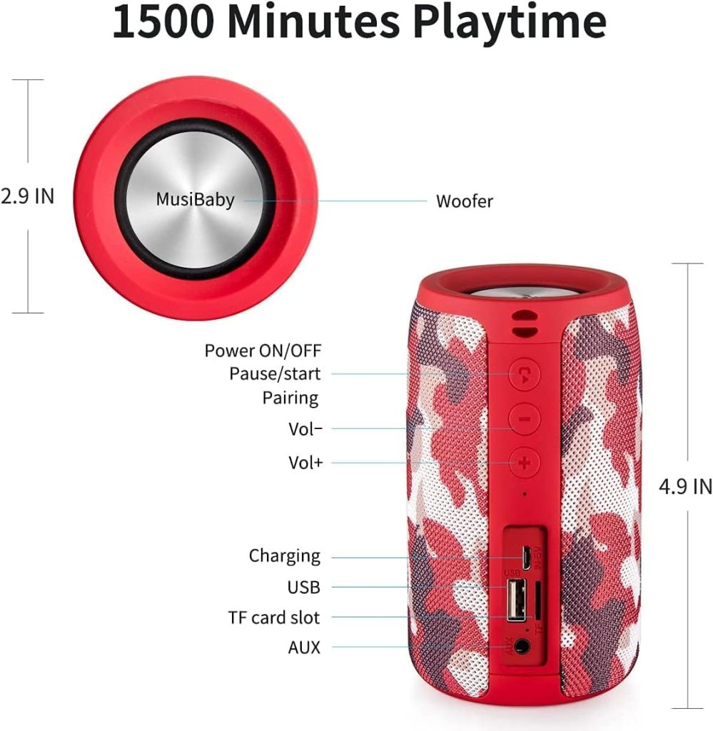 Bluetooth Speaker,MusiBaby Speaker,Outdoor,Wireless,Waterproof, Portable Speaker,Dual Pairing, Bluetooth 5.0,Loud Stereo,Booming Bass,1500 Mins Playtime for Home,Party,Gifts(Camo Red)