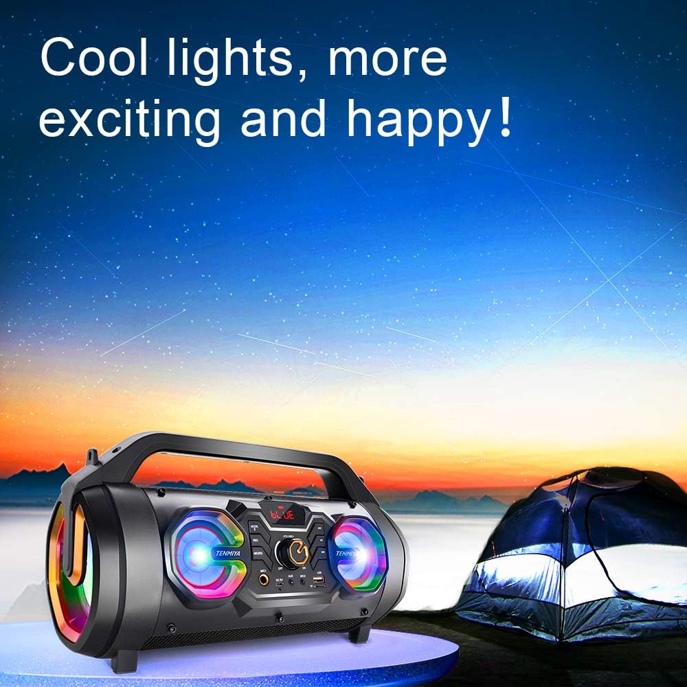 Bluetooth Speakers, 30W Portable Bluetooth Boombox with Subwoofer, FM Radio, RGB Colorful Lights, EQ, Stereo Sound, Booming Bass, 10H Playtime Wireless Outdoor Speaker for Home, Party, Travel, Camping
