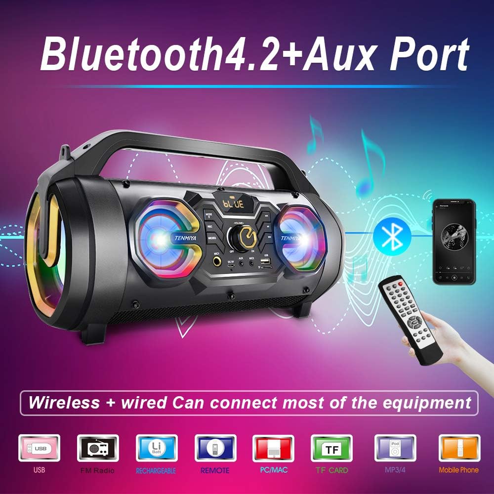 Bluetooth Speakers, 30W Portable Bluetooth Boombox with Subwoofer, FM Radio, RGB Colorful Lights, EQ, Stereo Sound, Booming Bass, 10H Playtime Wireless Outdoor Speaker for Home, Party, Travel, Camping
