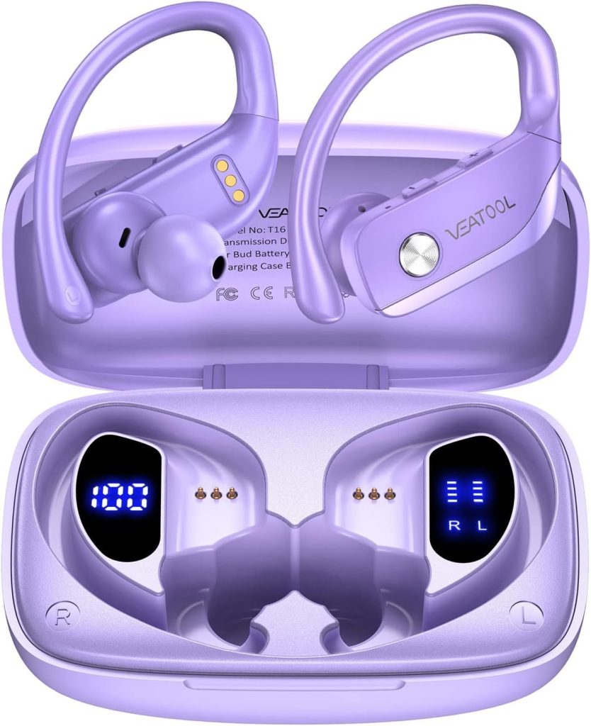 bmanl Wireless Earbuds Bluetooth Headphones 48hrs Play Back Sport Earphones with LED Display Over-Ear Buds with Earhooks Built-in Mic Headset for Workout Purple