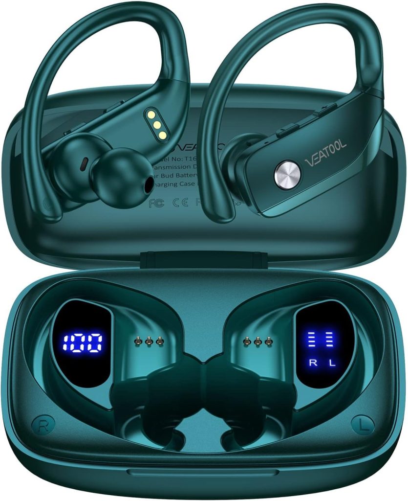 bmanl Wireless Earbuds Bluetooth Headphones 48hrs Play Back Sport Earphones with LED Display Over-Ear Buds with Earhooks Built-in Mic Headset for Workout Green