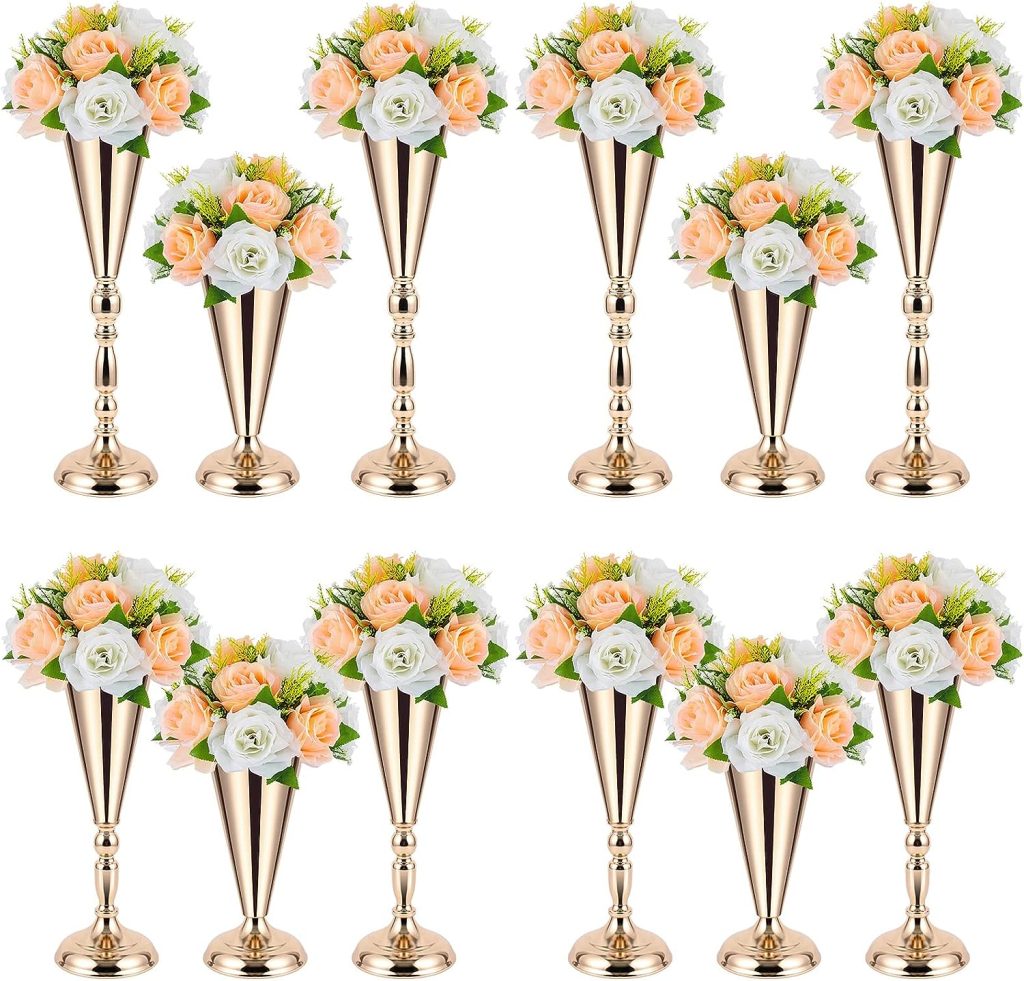 Boao 12 Pcs Flower Trumpet Vases for Centerpieces Gold Vase Centerpiece Tall Metal Wedding Vases Artificial Flower Arrangement Flower Stand for Ceremony Party Birthday Event Home Decoration, 3 Sizes