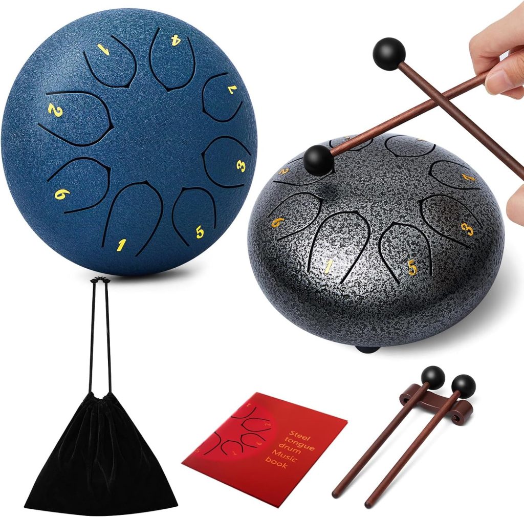 Boao 2 Pcs Tongue Drum 6 Inch 8 Notes Steel Hand Drum with Bag Chakra Tank Drum C Key Metal Drum with Travel Bag Music Book Drumsticks and Mallet for Yoga Camping Singing Meditation