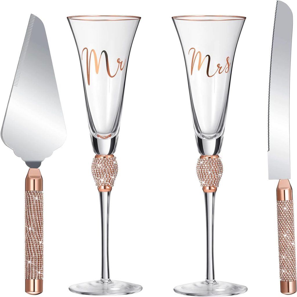 Boao 4 Piece Wedding Toasting Flutes and Cake Server Set Wedding Reception Supplies Champagne Glasses Cake Knife Pie Server (Rose Gold)