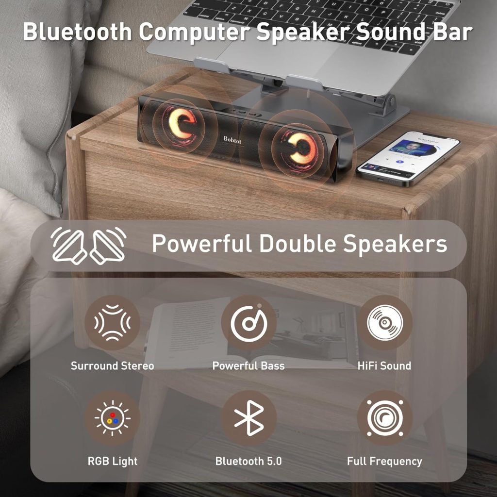 Bobtot Computer Speakers Bluetooth Desktop Soundbar - HiFi Stereo Audio RGB Gaming Mini Sound Bar External Speaker with Bluetooth AUX-in Wired USB Powered Volume Control for PC Laptop Tablets Monitor
