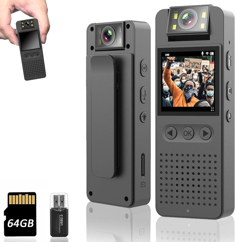 Body Camera with 1080P HD Recording 1.4 in Screen Recorder Built-in 64GB Card with Flashlight Mode, Loop Record, 6HR Battery Life Wearable Police Cam for Home, Outdoor, Law Enforcement, Security Guard