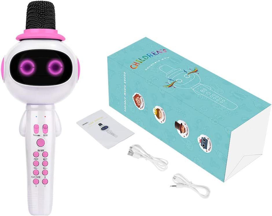 BONAOK Kids Wireless Bluetooth Karaoke Microphone with Magic Sound  Colorful LED Light, 5 in 1 Portable Handheld Party Karaoke Speaker Machine Gift (P-Ink)