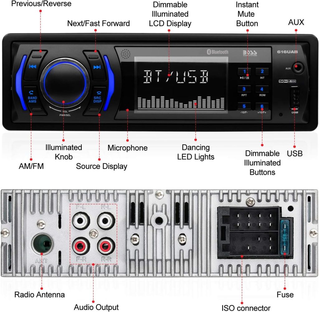 BOSS Audio Systems 609UAB Multimedia Car Stereo - Single Din, Bluetooth Audio and Hands-Free Calling, Built-in Microphone, MP3 Player, No CD/DVD Player, USB Port, AUX Input, AM/FM Radio Receiver