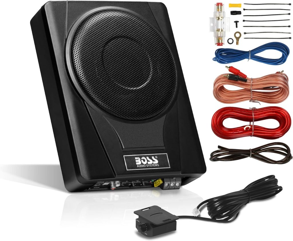 BOSS Audio Systems BASS8K 8 Inch Powered Car Subwoofer and Amplifier Wiring Kit Package - 800 Watts Max Power, Under Seat, Low Profile, 8 Gauge Wiring Kit, for Truck Boxes and Enclosures