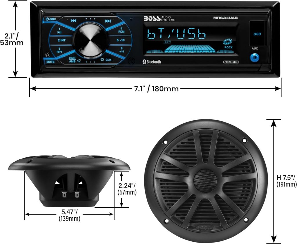 BOSS Audio Systems MCBK634B.6 Marine Boat Receiver Speaker Package - Single Din Stereo Head Unit, Radio, No CD Player, Bluetooth, Two 6.5 Inch Full Range Speakers, Dipole Antenna