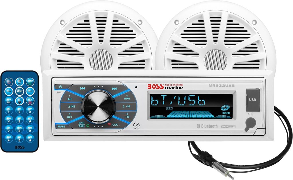 BOSS Audio Systems MCK632WB.6 Marine Weatherproof Receiver and Speaker Package - Bluetooth Audio, USB, MP3, AM FM, Aux-in, no CD Player, 6.5 Inch Weatherproof Speakers, Marine Dipole Antenna