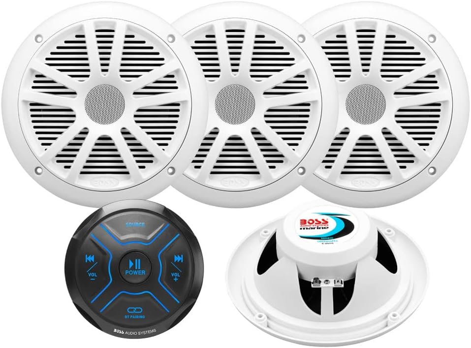 BOSS Audio Systems MG250W.64 Marine Speakers and Gauge Receiver (Built-in 4 CH Amplifier) Package – IPX6 Weatherproof, Bluetooth Audio, No CD, USB, Aux-in, 6.5 Inch Speakers, Full Range
