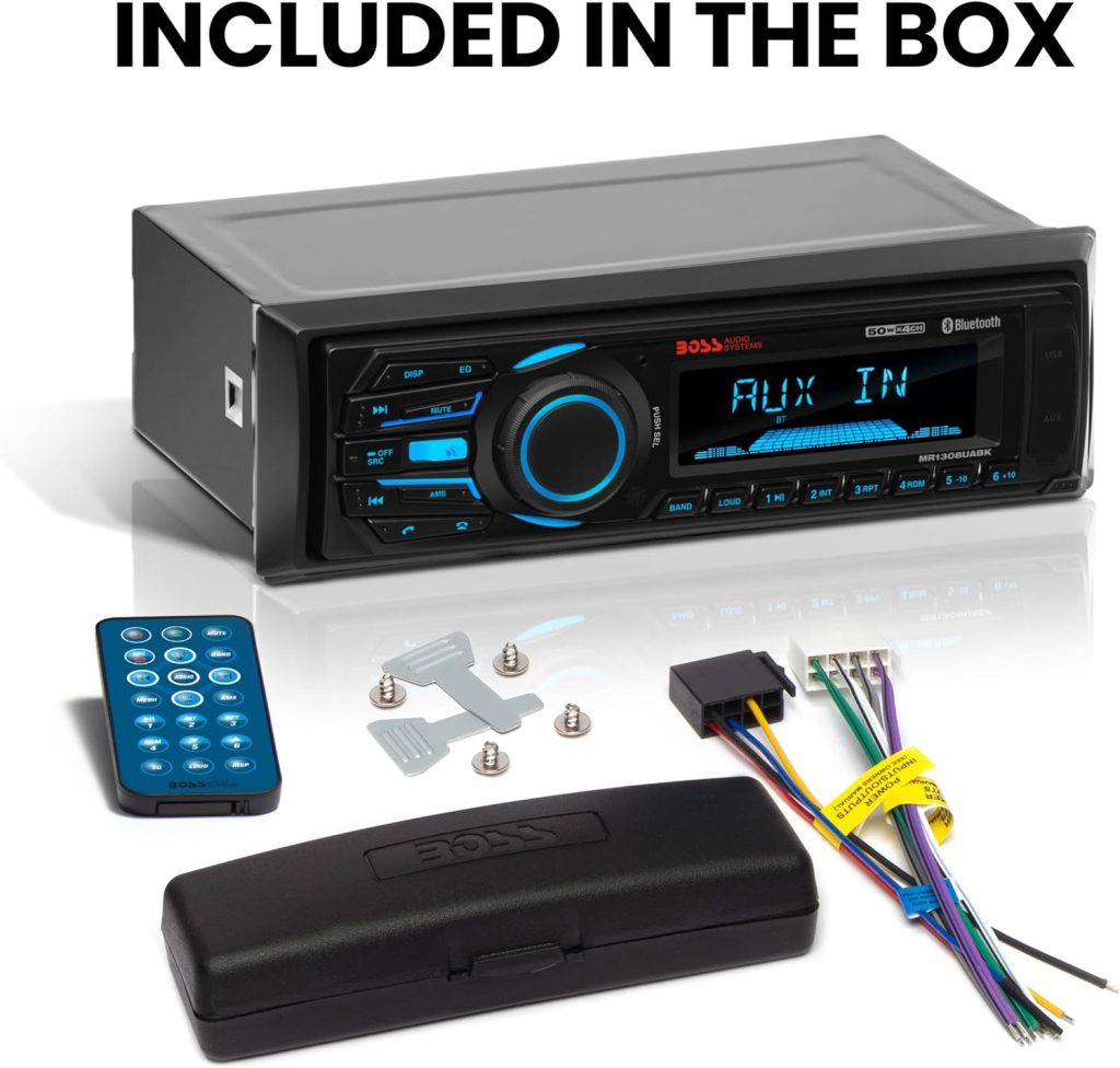 BOSS Audio Systems MR1308UABK Marine Stereo System – Single Din, Bluetooth Audio and Calling Head Unit, Aux-in, USB, SD, Weatherproof, AM/FM Radio Receiver, No CD Player, Hook Up To Amplifier