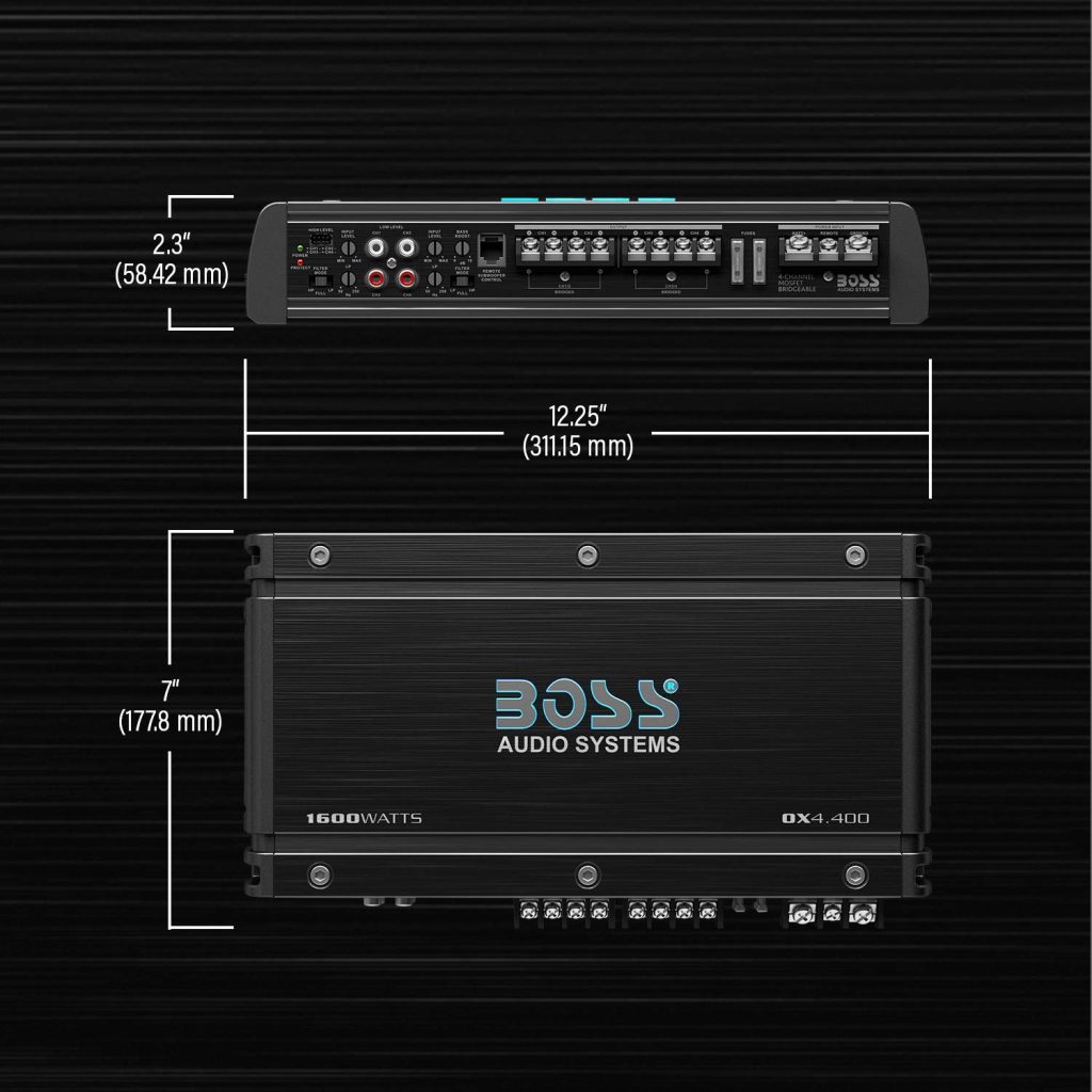 BOSS Audio Systems OX4.400 4 Onyx Series Car Amplifier – 1600 High Output, 4 Channel, Class A/B, Low/High Level Inputs, Low Pass Crossover, Bass, Full Range, Bridgeable, for Subwoofer