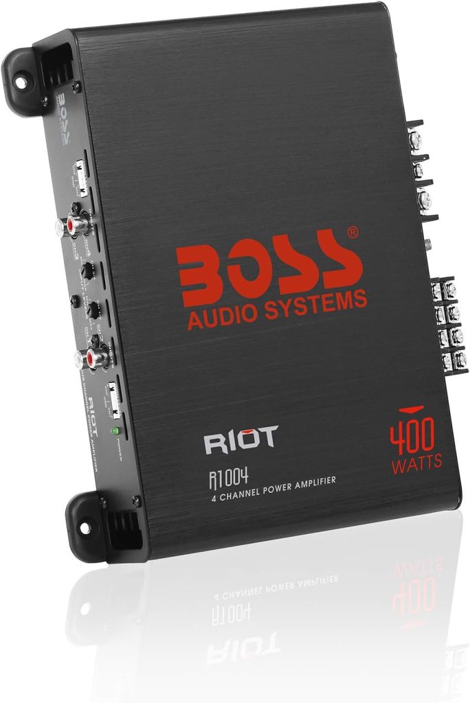 BOSS Audio Systems R1004 Riot Series Car Amplifier - 400 High Output, 4 Channel, 2/8 Ohm, High/Low Level Inputs, Full Range, Hook Up to Stereo and Subwoofer, Class A/B, IC (Integrated Circuit)