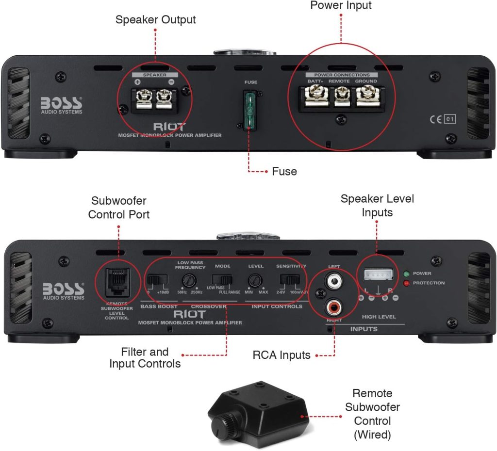 BOSS Audio Systems R1100M Riot Series Car Audio Subwoofer Amplifier - 1100 High Output, Monoblock, Class A/B, 2/4 Ohm Stable, Low/High Level Inputs, Low Pass Crossover, Mosfet Power Supply, Stereo