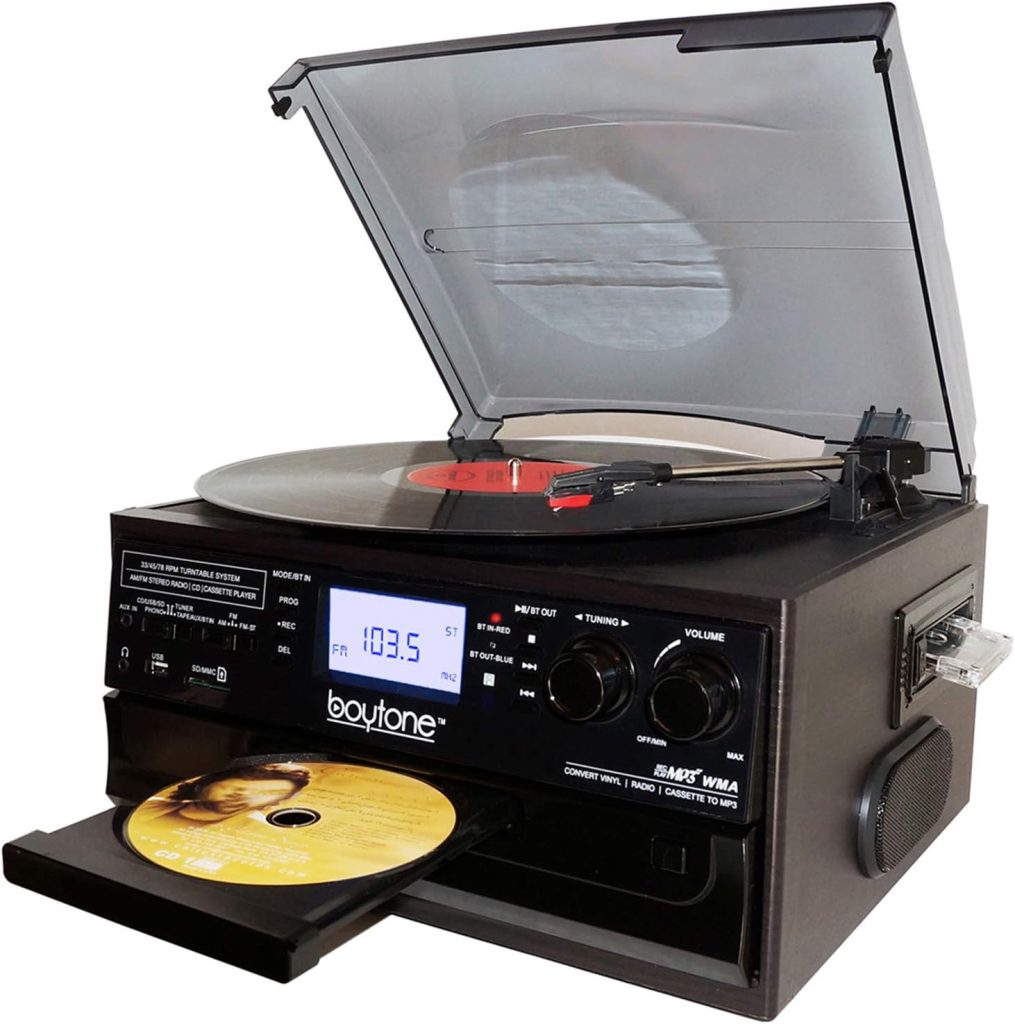 Boytone BT-22B, Bluetooth Record Player Turntable, AM/FM Radio, Cassette, CD Player, 2 Built in Speaker, Ability to Convert Vinyl, Radio, Cassette, CD to MP3 Without a Computer, SD Slot, USB, AUX