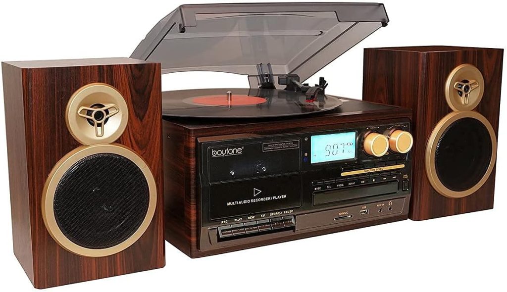 Boytone BT-28SPM, Bluetooth Classic Style Record Player Turntable with AM/FM Radio, CD / Cassette Player, 2 Separate Stereo Speakers